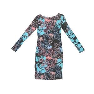 BCBGMAXAZRIA Y2K Floral Pink and Blue Long Sleeve Form Fitted Bodycon Dress